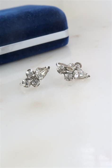 Vintage Rhinestone Screw Back Earrings Dainty Earrings Minimalist