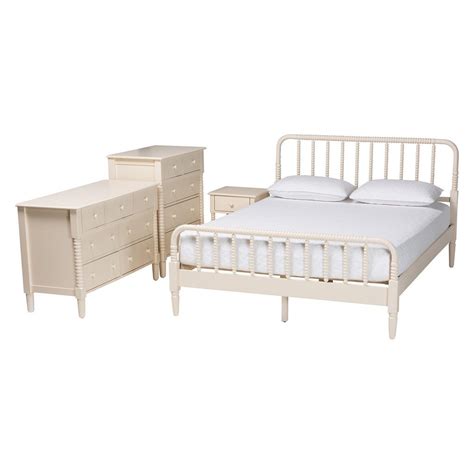 Braith Spindle Wood King Size Piece Bedroom Set In Ivory By Baxton