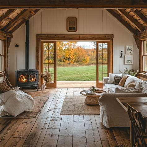 Cozy Rustic Living Room With Wood Burning Stove And Autumn View In