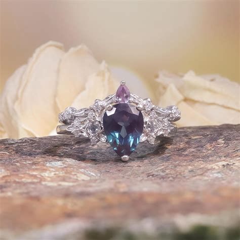 Pear Shaped Lab Alexandrite Engagement Ring Set Wedding Ring Bridal Set