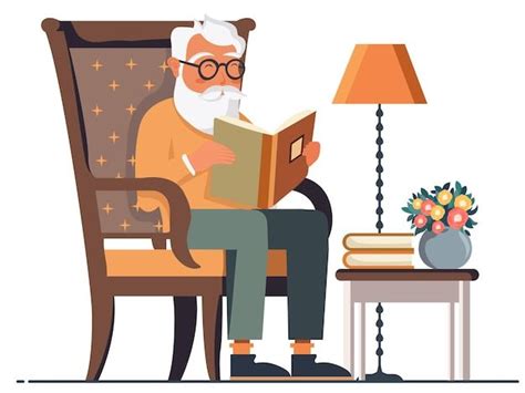 Premium Vector Elderly Beard Man Reading A Book At Chair Near Flower