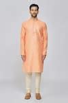 Buy Orange Kurta Chanderi Silk Embroidered Floral Set For Men By