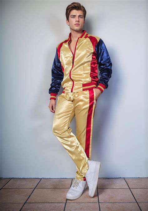 Gold Navy Blue Shiny Satin Tracksuit With Side Stripes Men S And