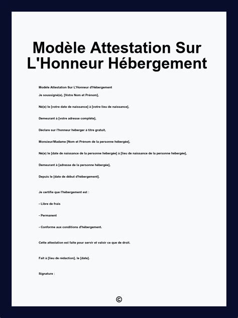 Modèle Attestation Sur L Honneur Hébergement