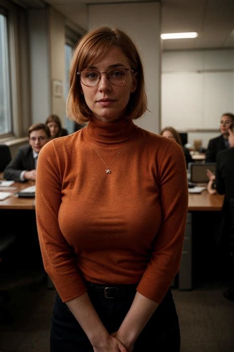 Arafed Woman In An Orange Turtleneck Sweater Standing In Front Of A