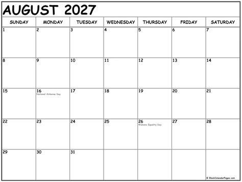 August 2027 With Holidays Calendar