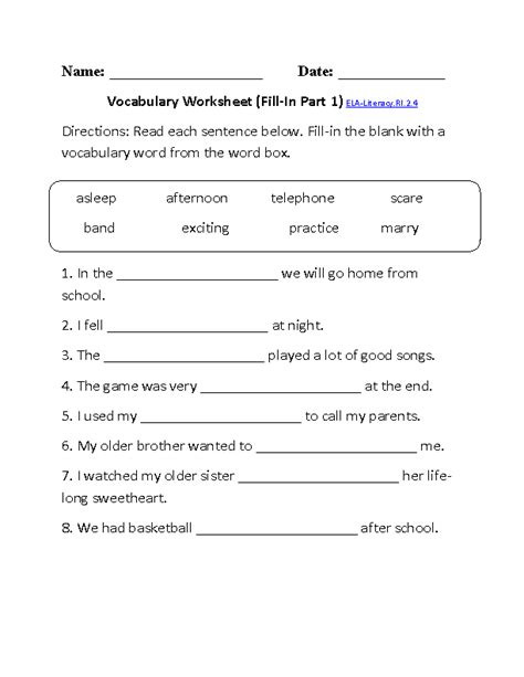 Reading Worksheets For Third Grade Vocabulary