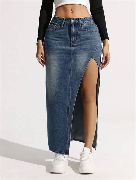 Shein Ezwear Women Casual Denim Skirt Minimalist And Fashionable For