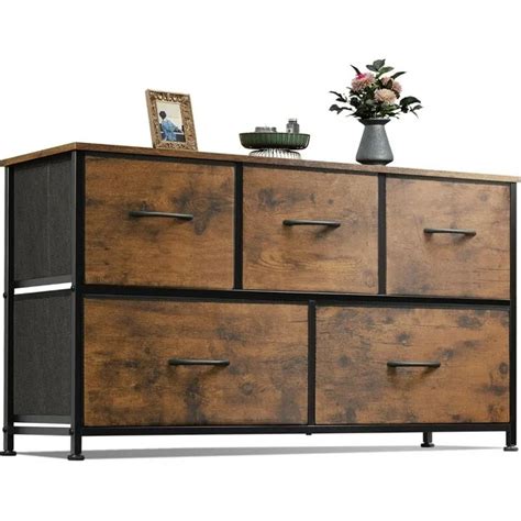 Modern 5 Drawer Tall Dresser Chest Fabric Storage Organizer For