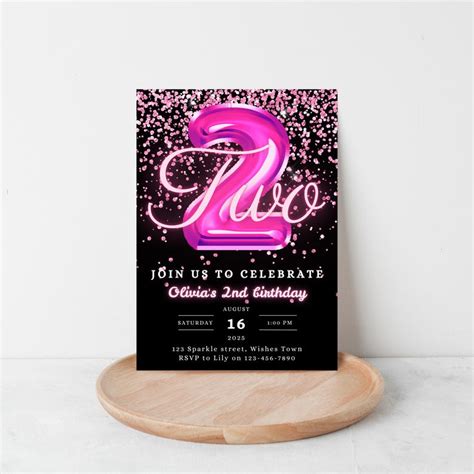 Editable Pink 2nd Birthday Invitation Template Glitter Birthday Party