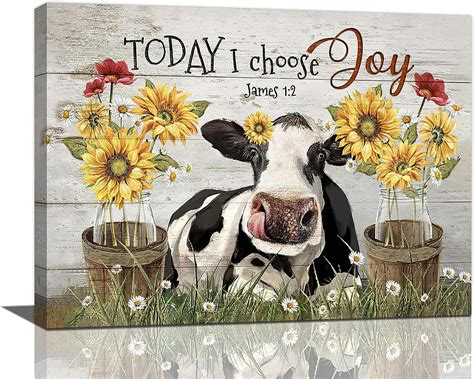 AVOI Farmhouse Cow Sunflower Daisy Decor Wall Art Rustic Country Farm