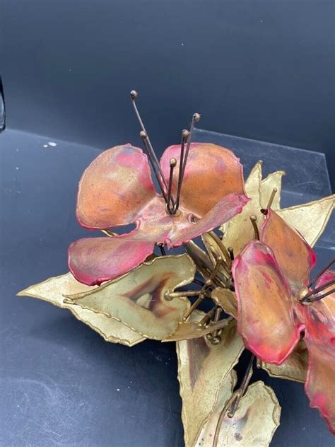 Brutalist Brass Copper Flower Sculpture Tabletop Or Wall Hanging Red