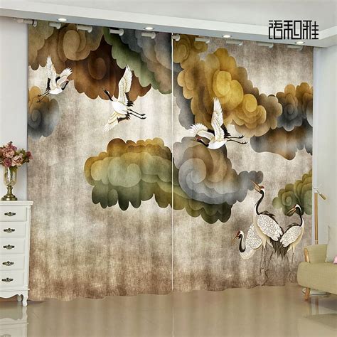 2 Panel Chinese Curtain Crane Landscape Curtain For Bedroom Living Room