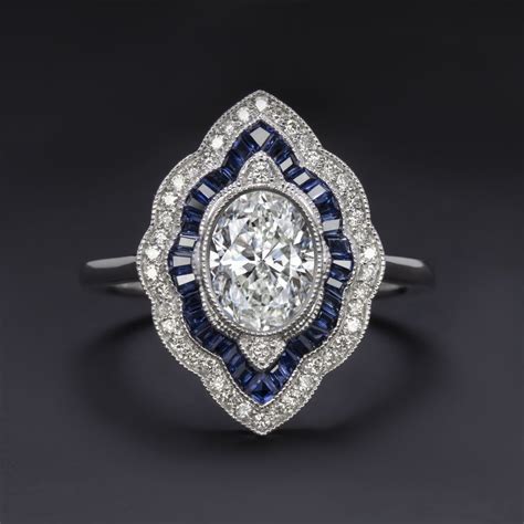 Diamond Sapphire Cocktail Ring Gia Certified Vintage Style Double Halo