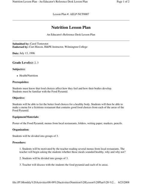 Th Grade Nutrition Lesson Plans