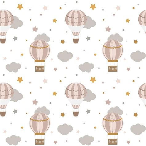 Hot Air Balloon Nursery Seamless Pattern With Clouds Stars Isolated