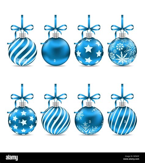 Set Christmas Blue Shiny Balls With Bow Ribbons Stock Vector Image