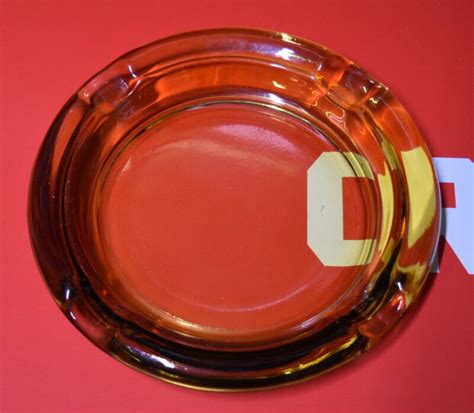 Large Cigar Or Cigarette Amber Glass Ashtray Heavy Slots Round