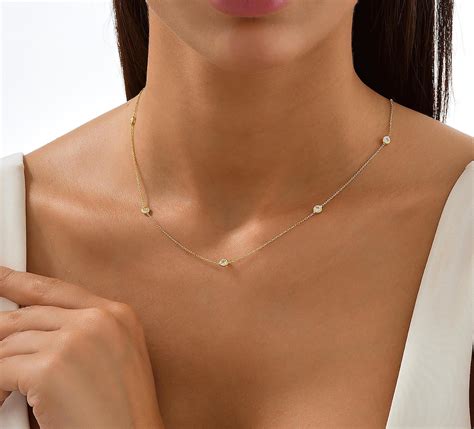 14K Gold Diamond Chain Necklace Gold Diamond Station Necklace