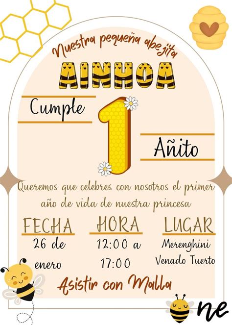 Tarjeta de invitación de cumpleaños temática abejita Invitaciones de