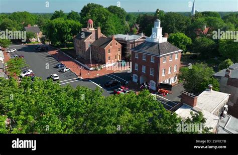 Rising Aerial Of Old Courthouse In New Castle Delaware Famous Tourist