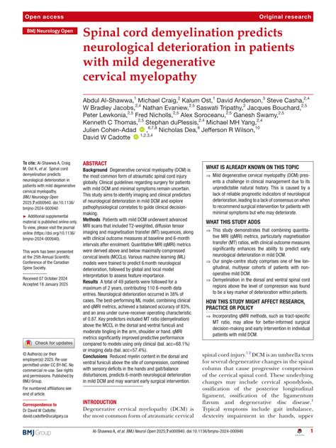 Pdf Spinal Cord Demyelination Predicts Neurological Deterioration In