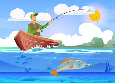 Premium Vector Fisherman In A Wooden Boat Caught A Fish On A Fishing