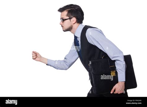 Funny Businessman With Briefcase Isolated On White Stock Photo Alamy