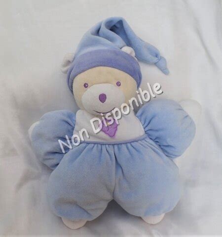 Doudou Peluche Ours Blanc Ecru Corps Et Long Bonnet Bleu Fleur Violet