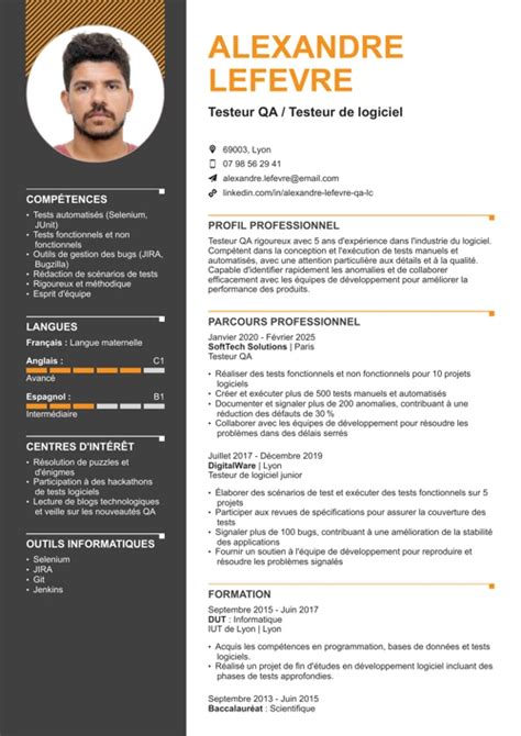 Exemple de CV testeur logiciel QA junior ou avancé