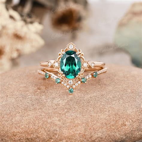 Unique Emerald Engagement Ring Set Rose Gold Halo Emerald Wedding Rings