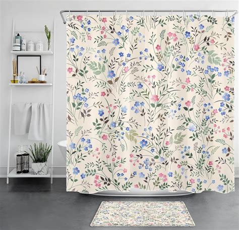 Blue And Pink Wildflower Shower Curtain For Bathroom Green Plant With