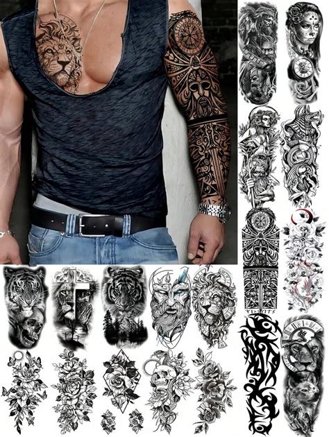 18 Sheets Temporary Tattoos Adult Men Black 3D Flower Tattoos Full Half