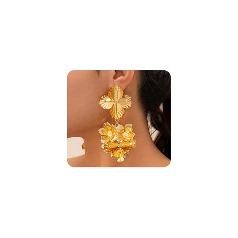 Gold Statement Flower Earrings For Women Heart Geometric Metal Pleated