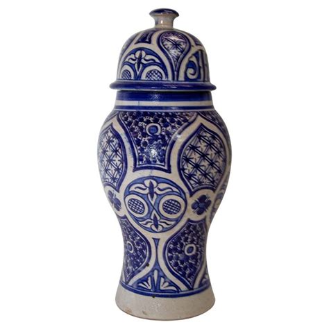 Moroccan Ceramic Blue And White Moorish Jar From Fez S White