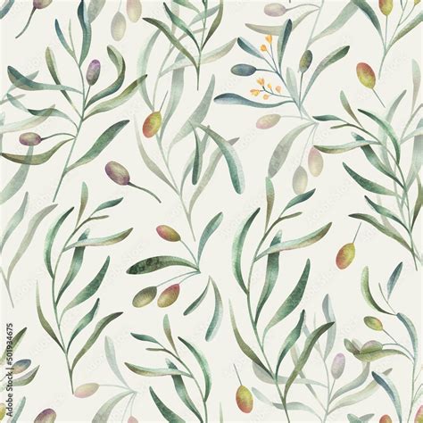 Seamless Pattern With Olive Branches Olives And Leaves On Pastel Green