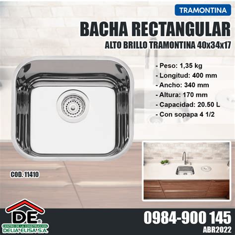 Bacha Rectangular Alto Brillo Tramontina X X Con Sopapa