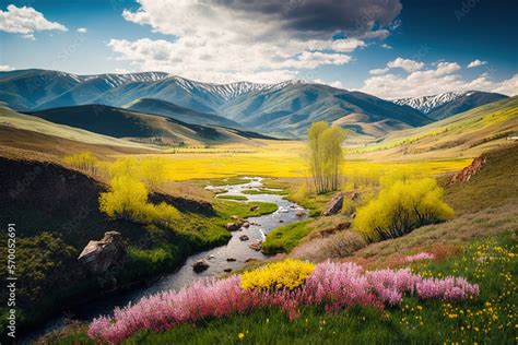 Beautiful spring landscape, mountains, flowers, art illustration Stock ...