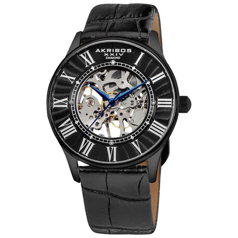 Akribos Xxiv Slim Men S Black Leather Mechanical Watch Mechanical