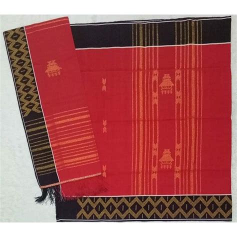 Jual Set Uis Tenun Benang Ratus Motif Rumah Adat Warna Merah Pengantin