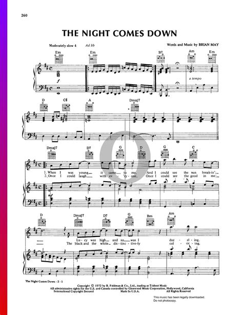 The Night Comes Down Queen Piano Sheet Music Oktav