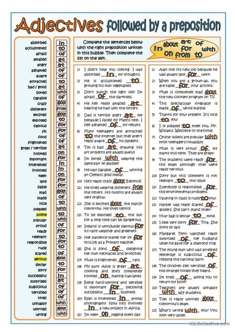 Adjectives Followed By Prepositions Part 1 English Esl Worksheets