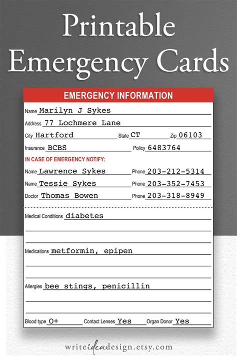 Printable Emergency Information Cards Medical Alert Id Medical Alert