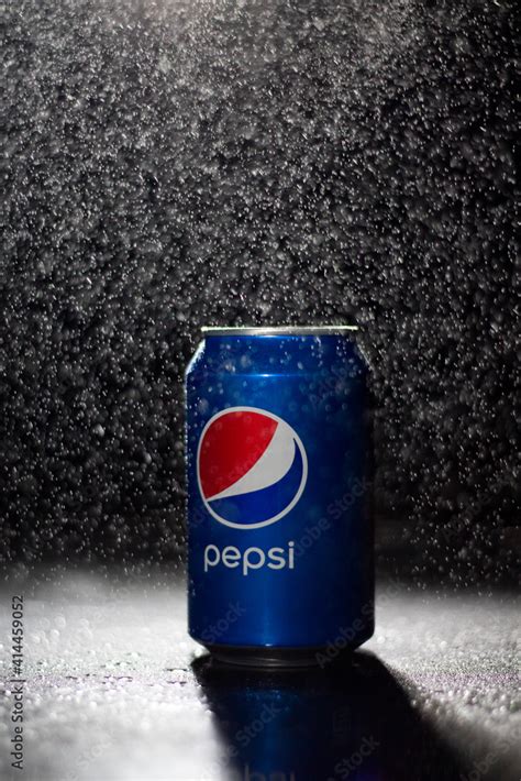 Pepsi Soda Can With Water Drops Splashes On Black Background Editorial