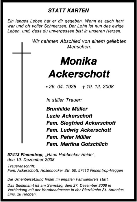 Traueranzeigen Von Monika Ackerschott Trauer In Nrw De