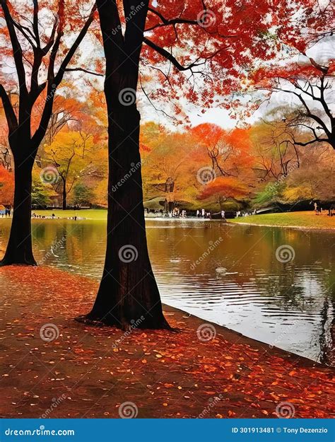 Central Park in Autumn stock illustration. Illustration of pond - 301913481