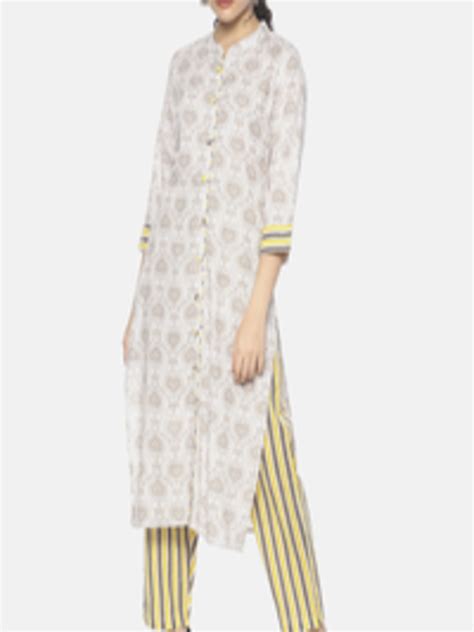 Buy Mytri Women Off White And Yellow Printed Kurta With Trouser Kurta Sets For Women 11180840