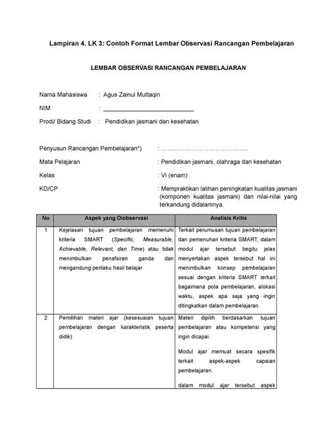 Agus Zainul M Lampiran 4 Lk 3 Contoh Format Lembar Observasi