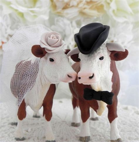 Hereford Cow And Bull Wedding Cake Topper With A Cream Rose Black Bow