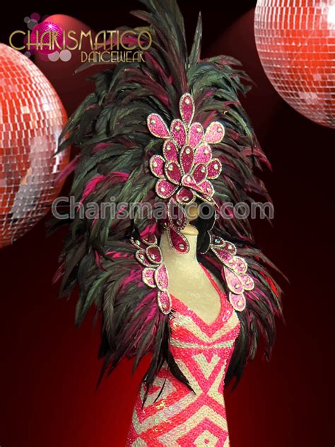 Leaf Scale Accented Fuchsia And Black Feathered Headdress And Collar